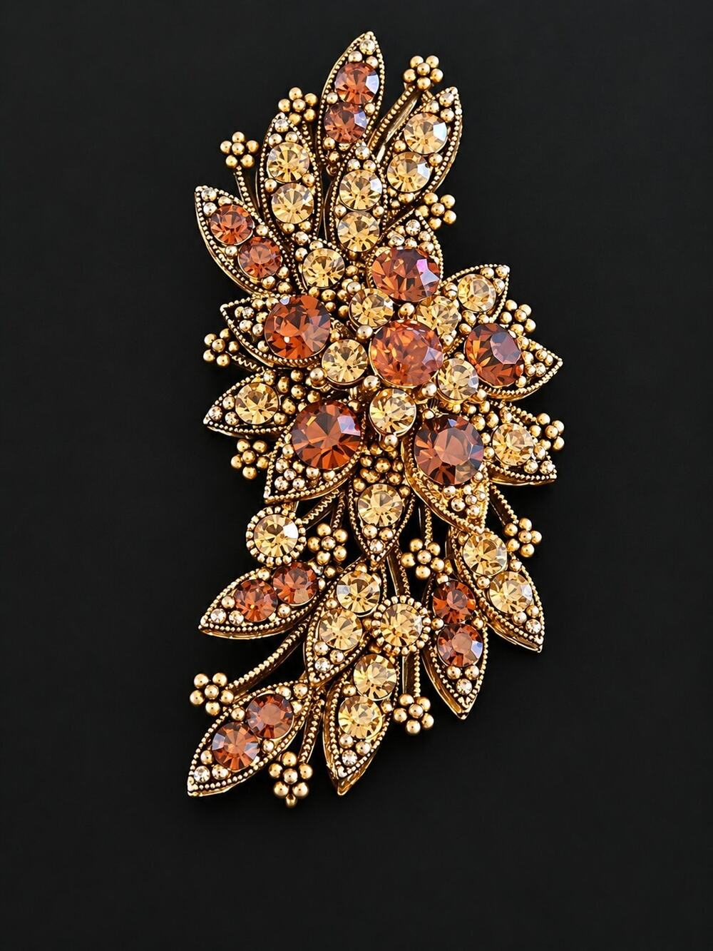 VTG Layered Rhinestone Flower Spray Brooch Pendant Combo Amber Topaz Riveted